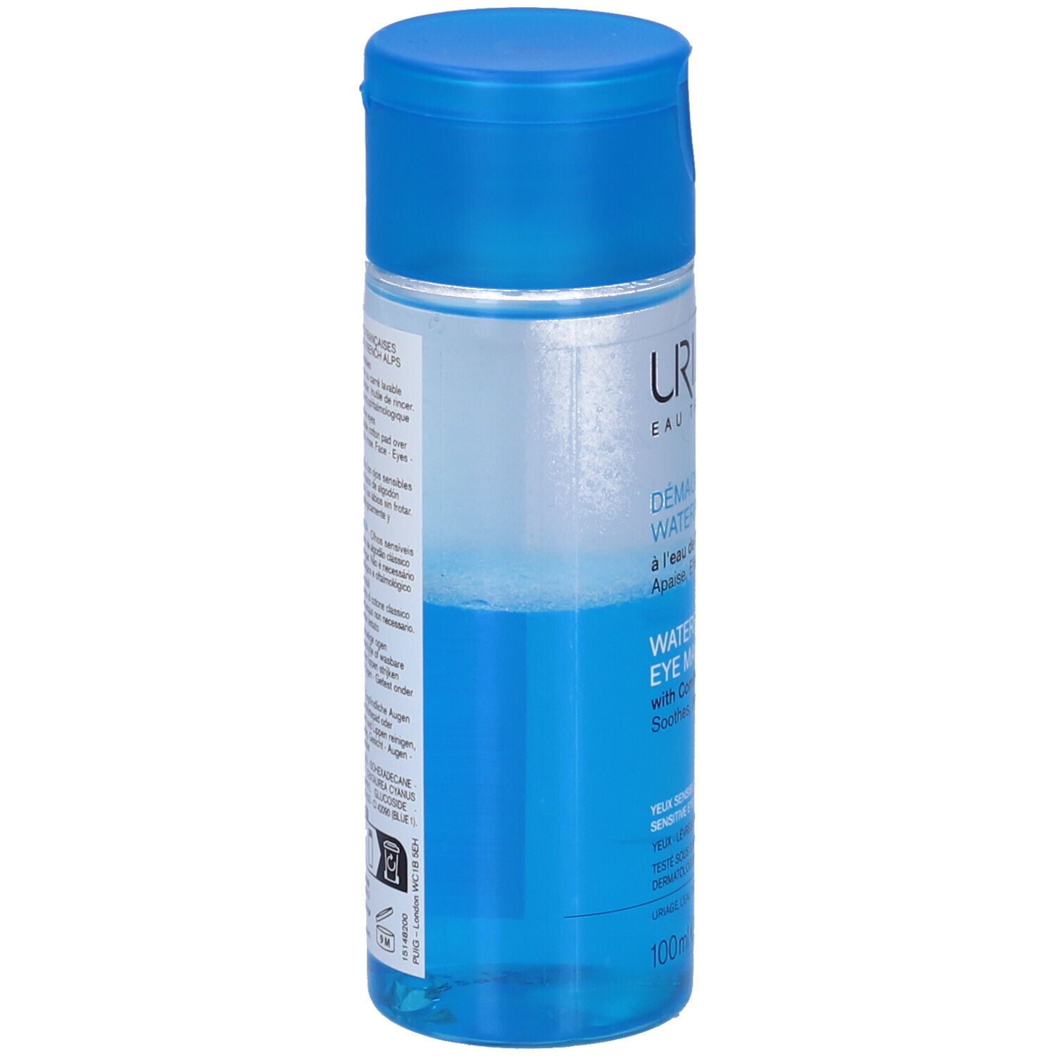 Rückseite der Uriage Augen-Make-up-Entferner-Flasche. Text in mehreren Sprachen. Dermatologisch und ophthalmologisch getestet.