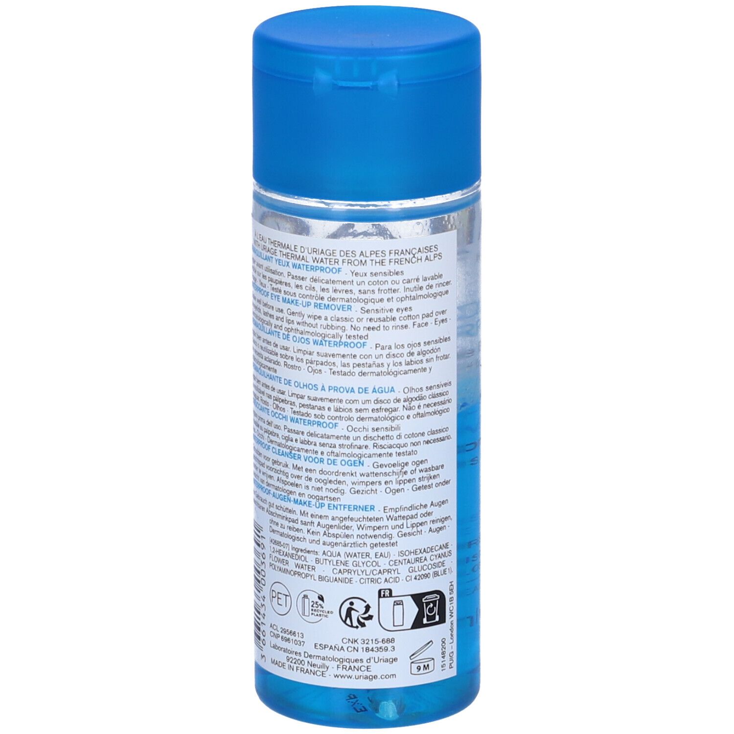 Rückseite der Uriage Augen-Make-up-Entferner-Flasche. Text in mehreren Sprachen. Dermatologisch und ophthalmologisch getestet.