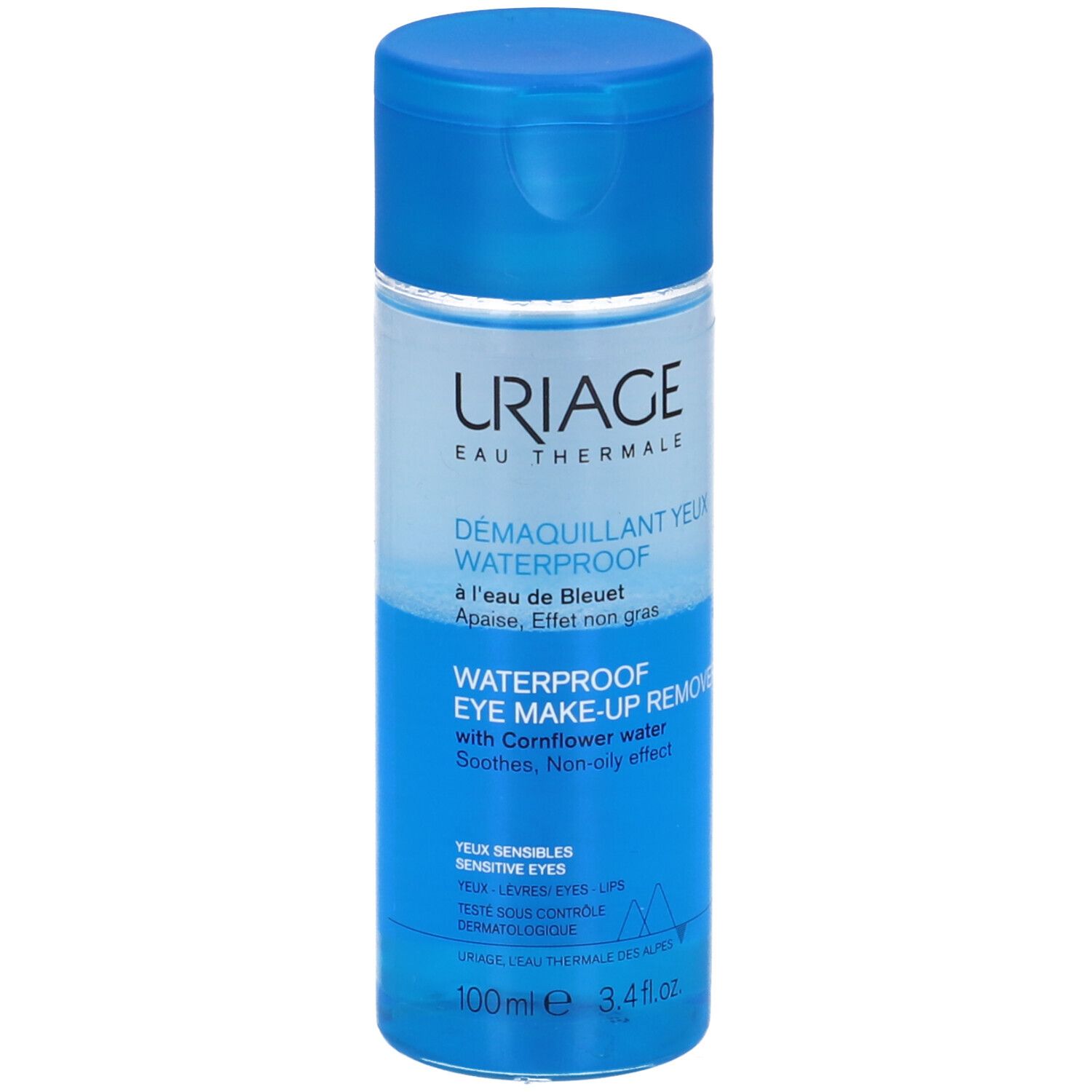 Uriage Augen-Make-up-Entferner, wasserfest. Blaue Flasche mit blauem Deckel. Text: Uriage, Démaquillant Yeux Waterproof.