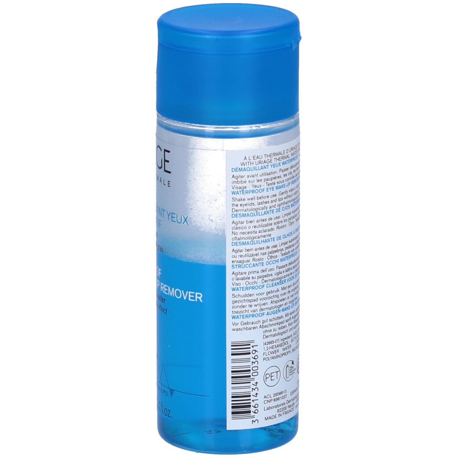 Rückseite der Uriage Augen-Make-up-Entferner-Flasche. Text in mehreren Sprachen. Dermatologisch und ophthalmologisch getestet.
