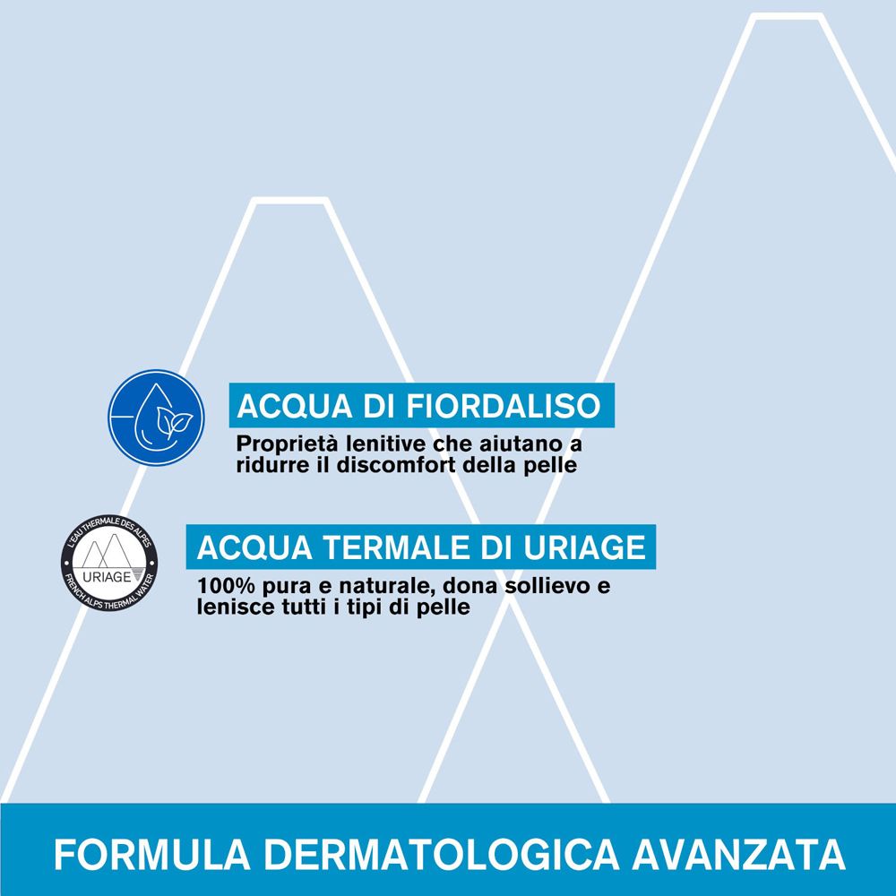 Grafik mit zwei Inhaltsstoffen: Kornblumenwasser und Uriage Thermalwasser. Text: Dermatologisch fortschrittliche Formel.