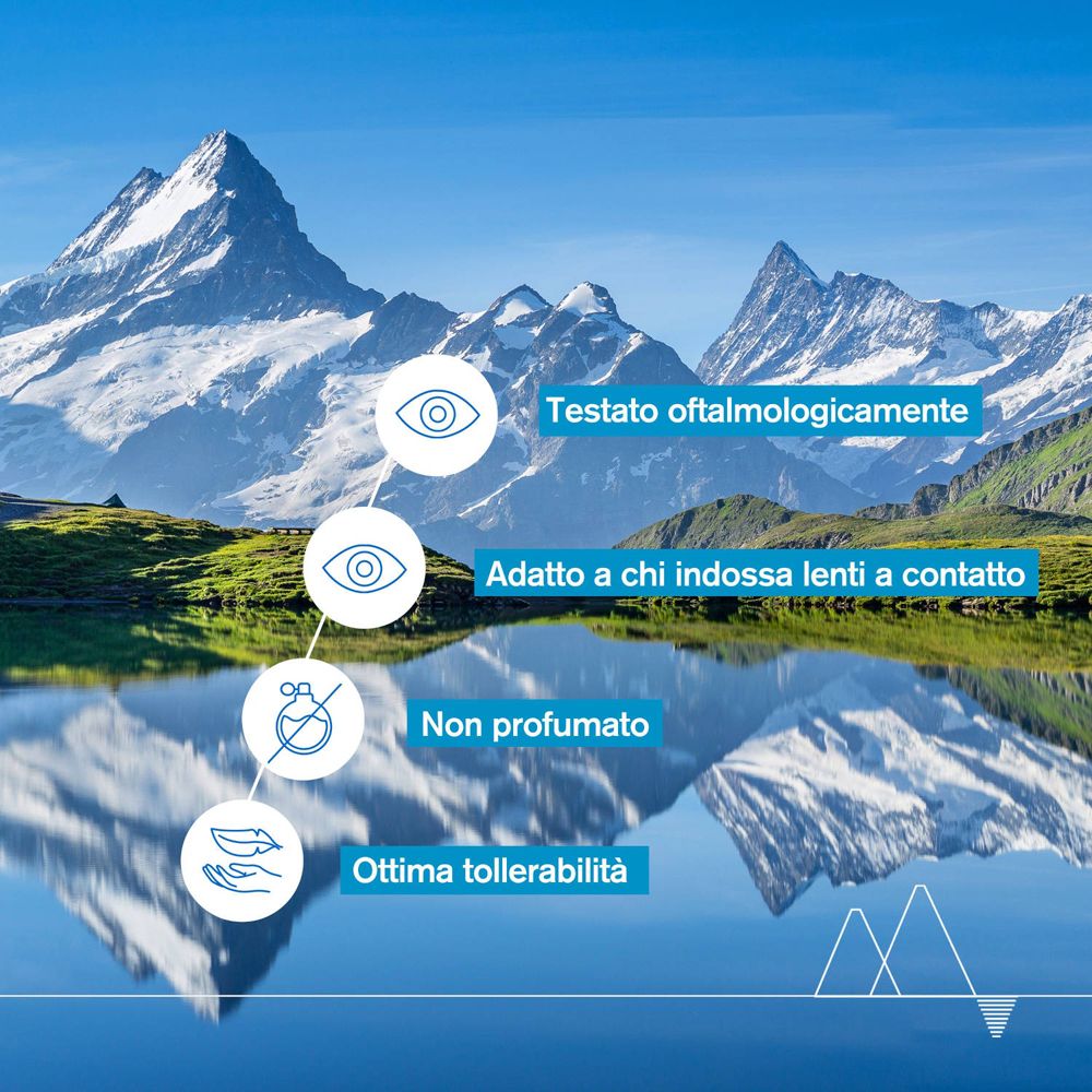 Landschaft mit Bergen und See. Text: Ophthalmologisch getestet, für Kontaktlinsenträger geeignet, parfümfrei, gute Verträglichkeit.