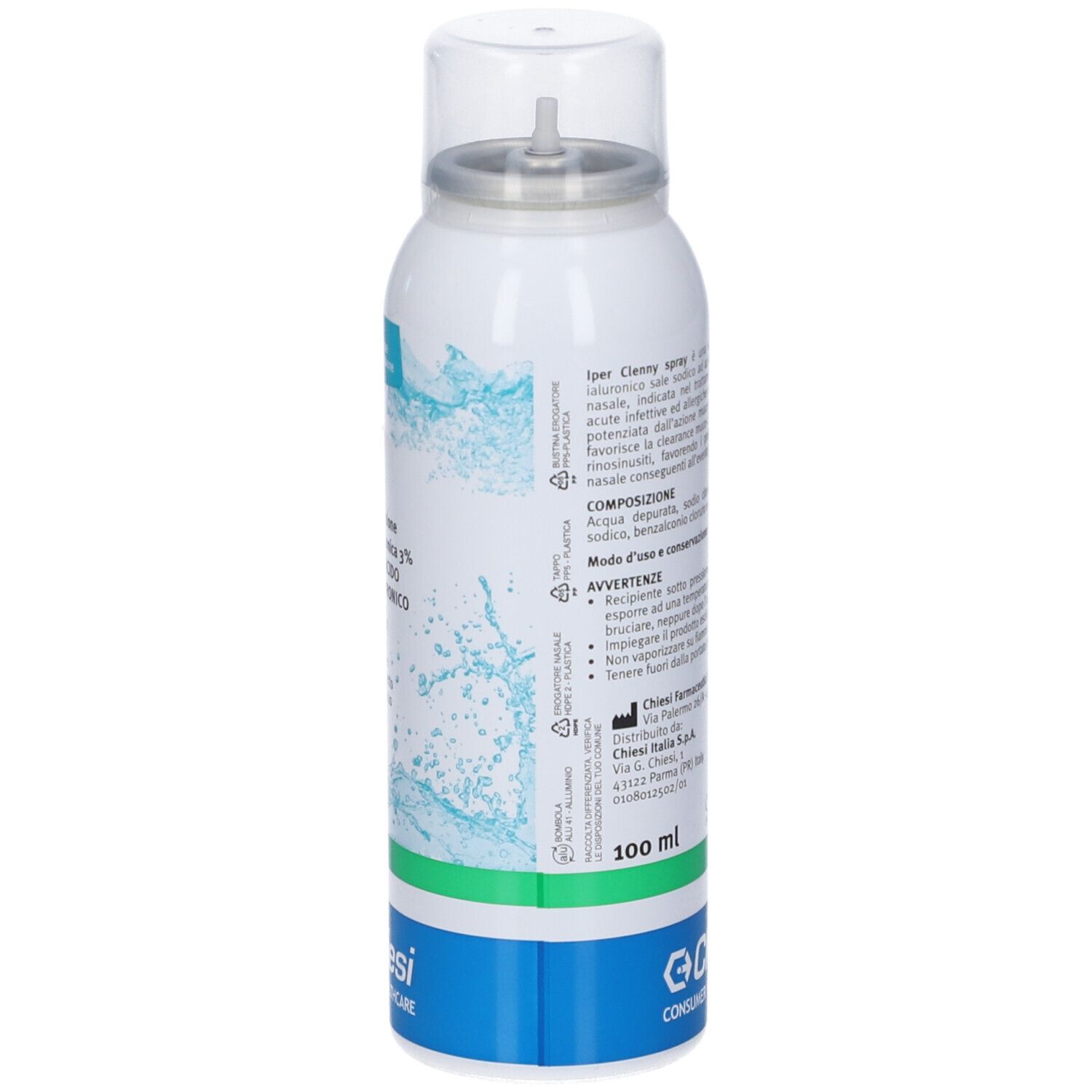 Weiße Nasenspray-Flasche mit Text. Enthält Informationen über die Zusammensetzung und den Hersteller.