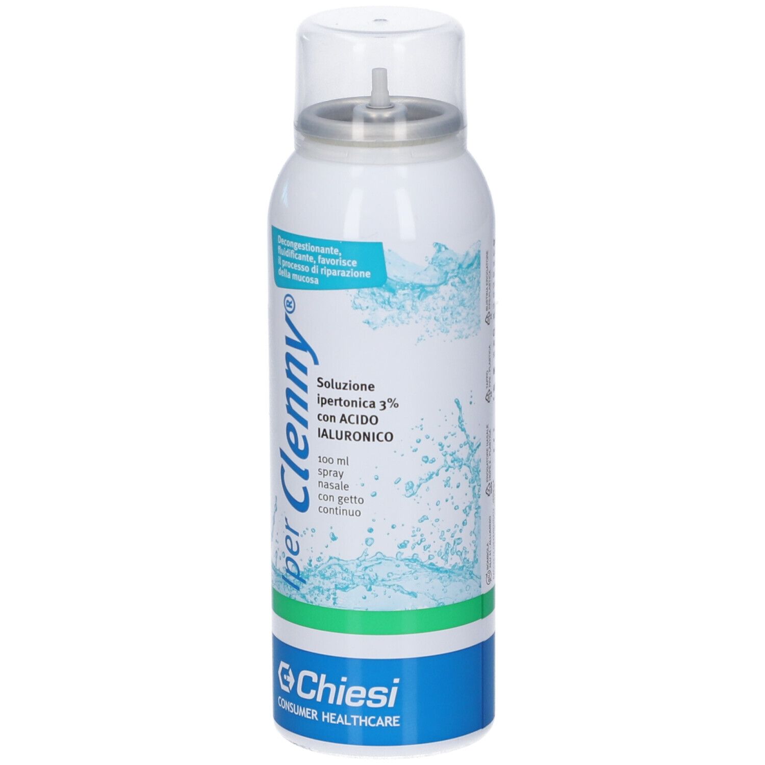 Nasenspray-Flasche, weiß, mit blau-grünen Akzenten. Marke: Iper Clenny. 100 ml.