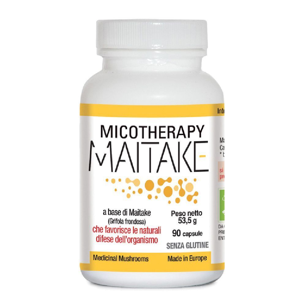 Weiße Flasche mit gelbem Etikett. Aufschrift: Micotherapy Maitake. 90 Kapseln, glutenfrei. Made in Europe.