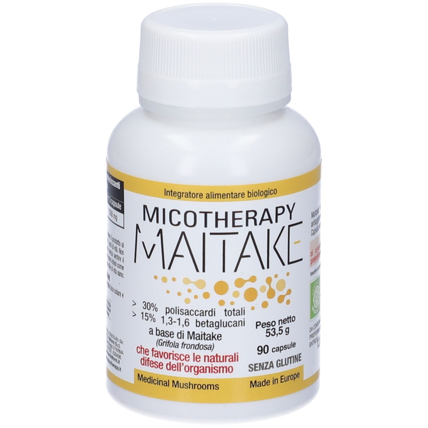Weiße Flasche mit gelbem Etikett. Aufschrift: Micotherapy Maitake. 90 Kapseln, glutenfrei. Enthält Polysaccharide und Betaglucane.