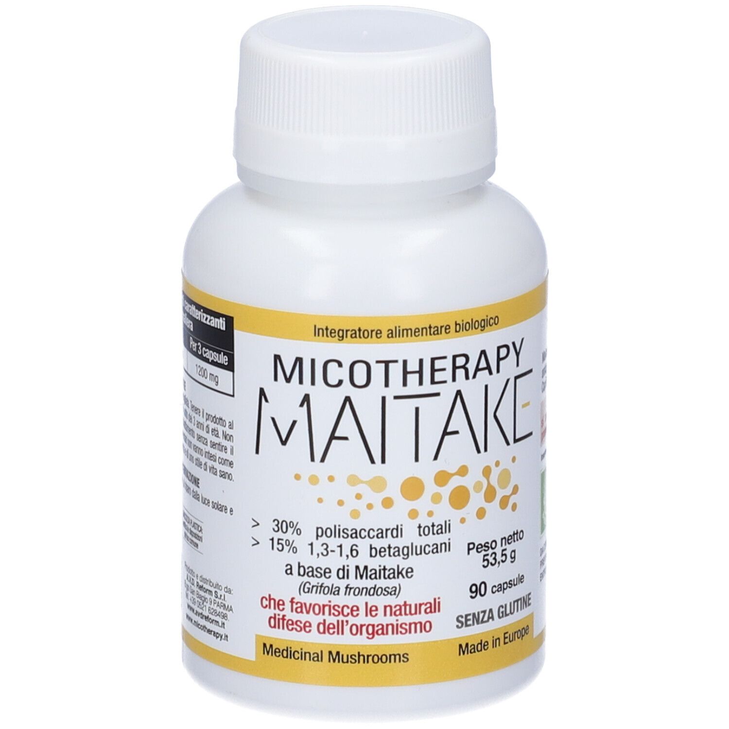 Weiße Flasche mit gelbem Etikett. Aufschrift: Micotherapy Maitake. 90 Kapseln, glutenfrei. Enthält Polysaccharide und Betaglucane.