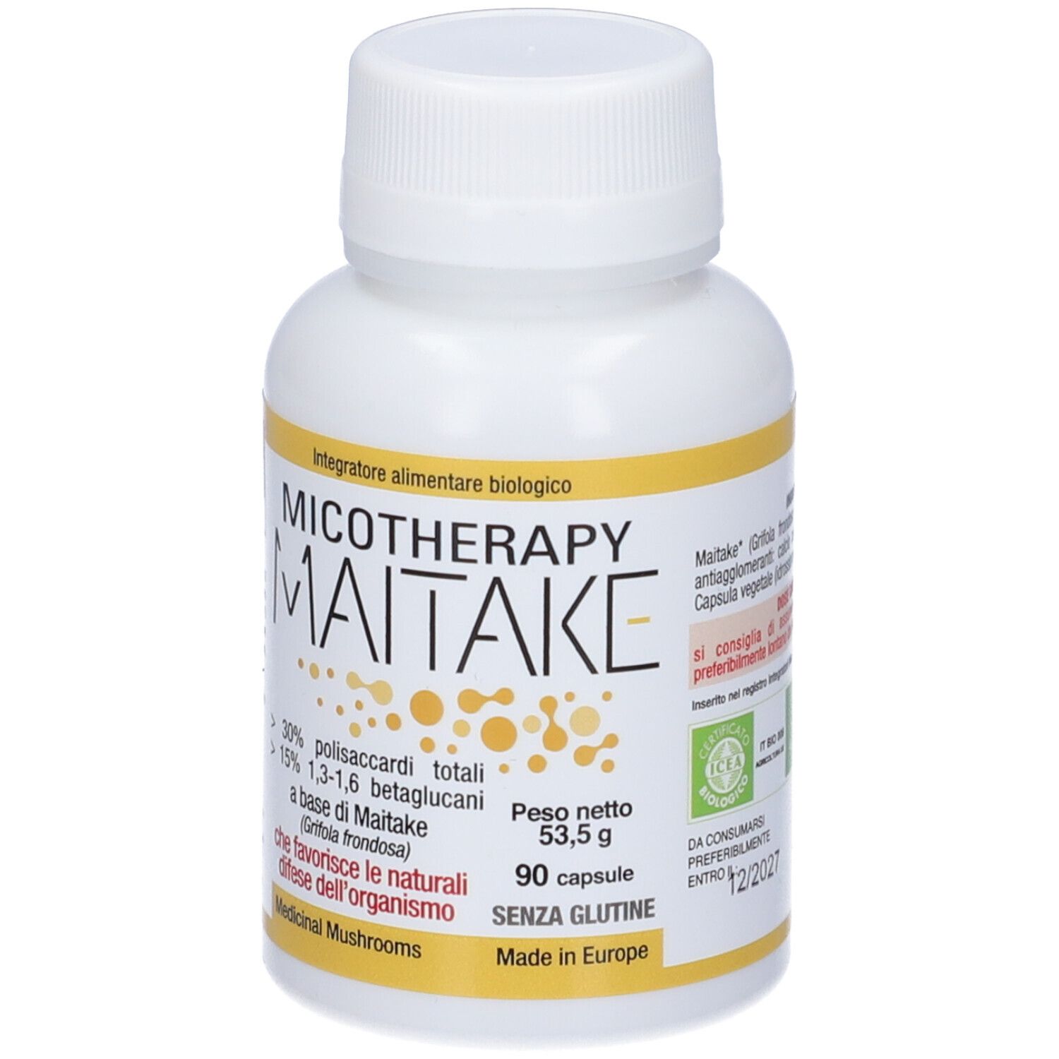 Weiße Flasche mit gelbem Etikett. Aufschrift: Micotherapy Maitake. 90 Kapseln, glutenfrei. Enthält Polysaccharide und Betaglucane.
