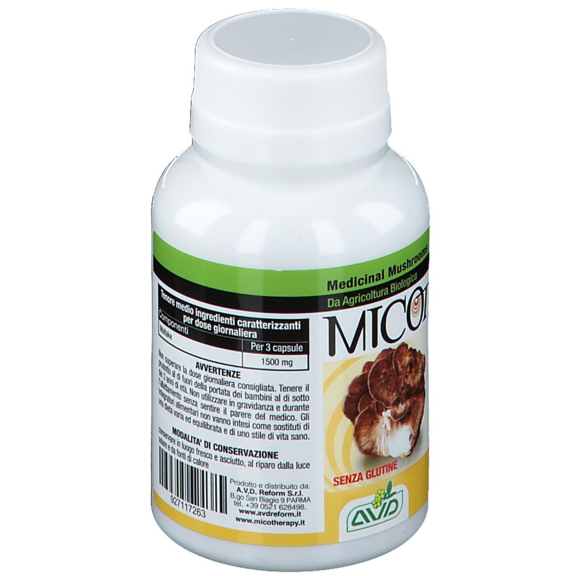 Weiße Flasche mit gelbem Etikett. Aufschrift: Micotherapy Maitake. 90 Kapseln, glutenfrei. Abbildung von Pilzen.