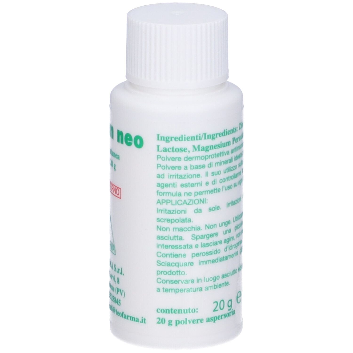 Flacone bianco con tappo a vite. Nome del prodotto e indicazione contenuto. 20g. Testo in italiano.