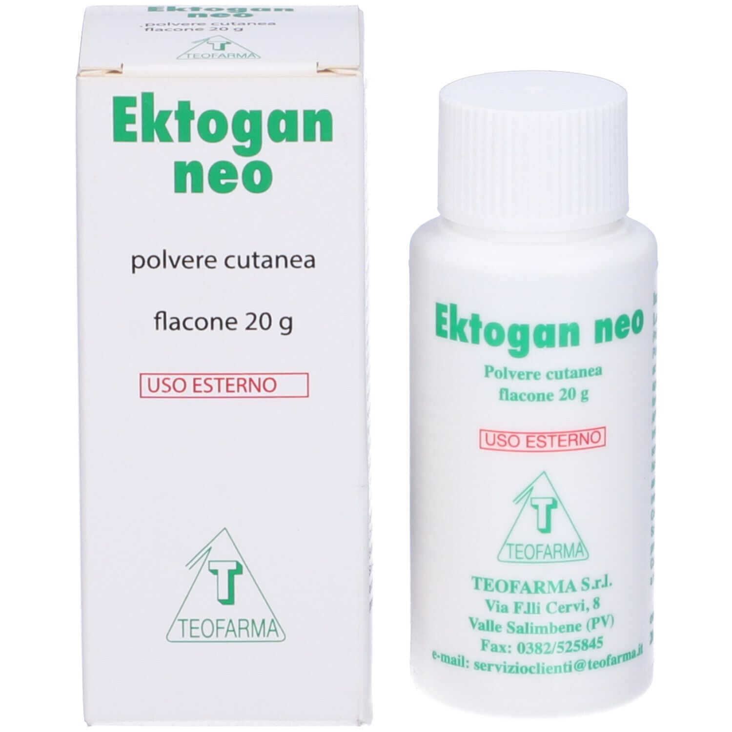 Flacone e scatola del prodotto. Nome prodotto, indicazione 'Uso Esterno' e indicazione 20g. Testo in italiano.