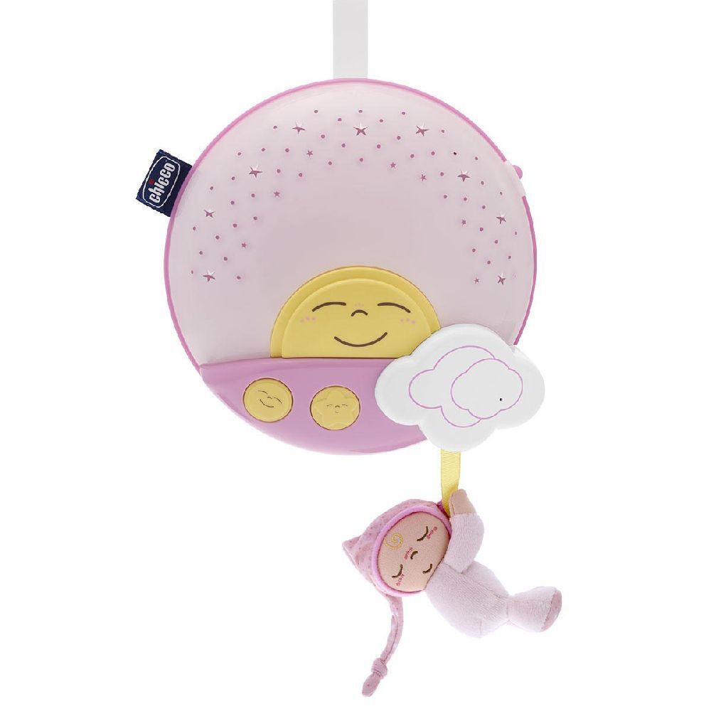 Giocattolo rotondo rosa con stelle, sole e nuvola. Un bambino è appeso alla nuvola. Marchio Chicco.