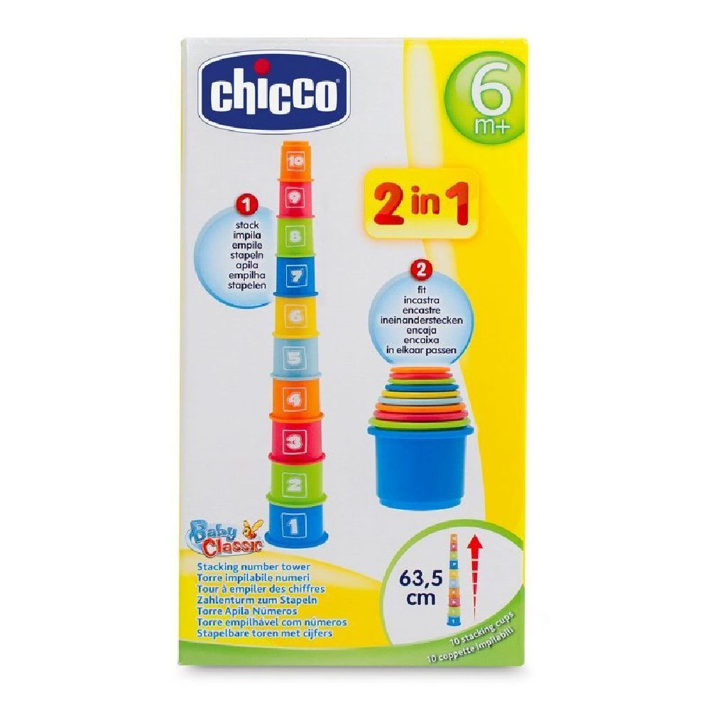 Gioco Chicco. Torre impilabile con 10 tazze colorate. Consigliato per 6+ mesi. 63,5 cm di altezza. Funzione 2 in 1.