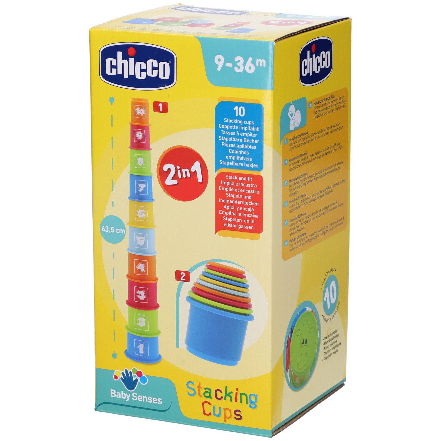 Confezione Chicco. Set di tazze impilabili con 10 tazze. Per bambini 9-36 mesi. Funzione 2 in 1. Altezza 63,5 cm.