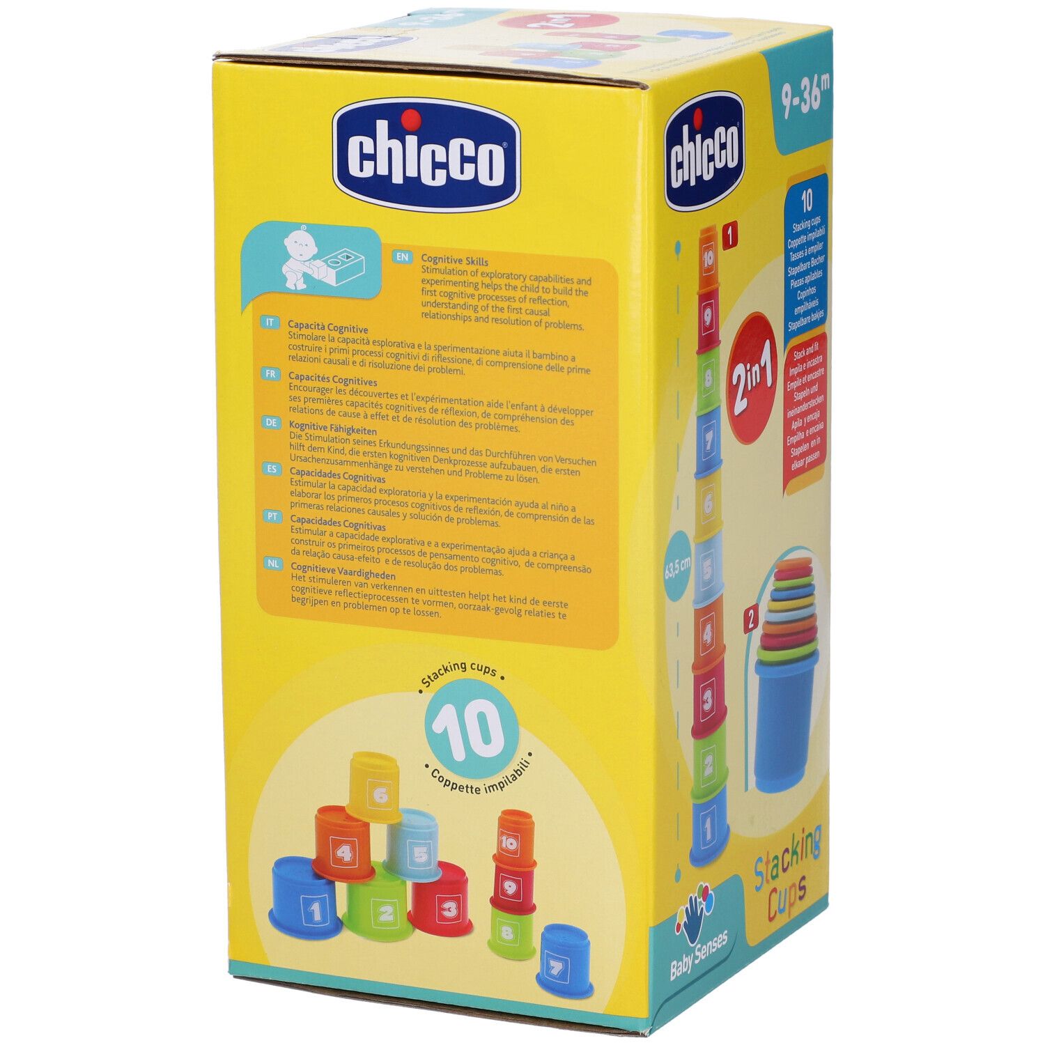 Confezione Chicco. Set tazze impilabili con 10 tazze. Per bambini 9-36 mesi. Funzione 2 in 1. Informazioni sul prodotto.