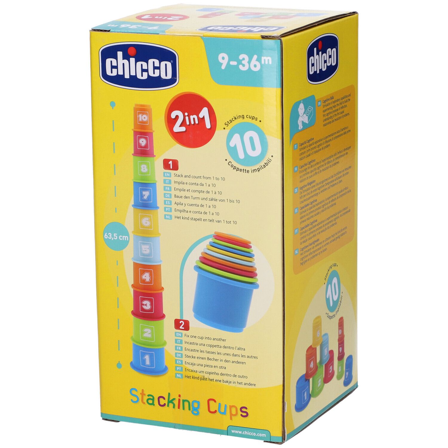 Confezione Chicco. Set tazze impilabili con 10 tazze. Per bambini 9-36 mesi. Funzione 2 in 1. Altezza 63,5 cm.
