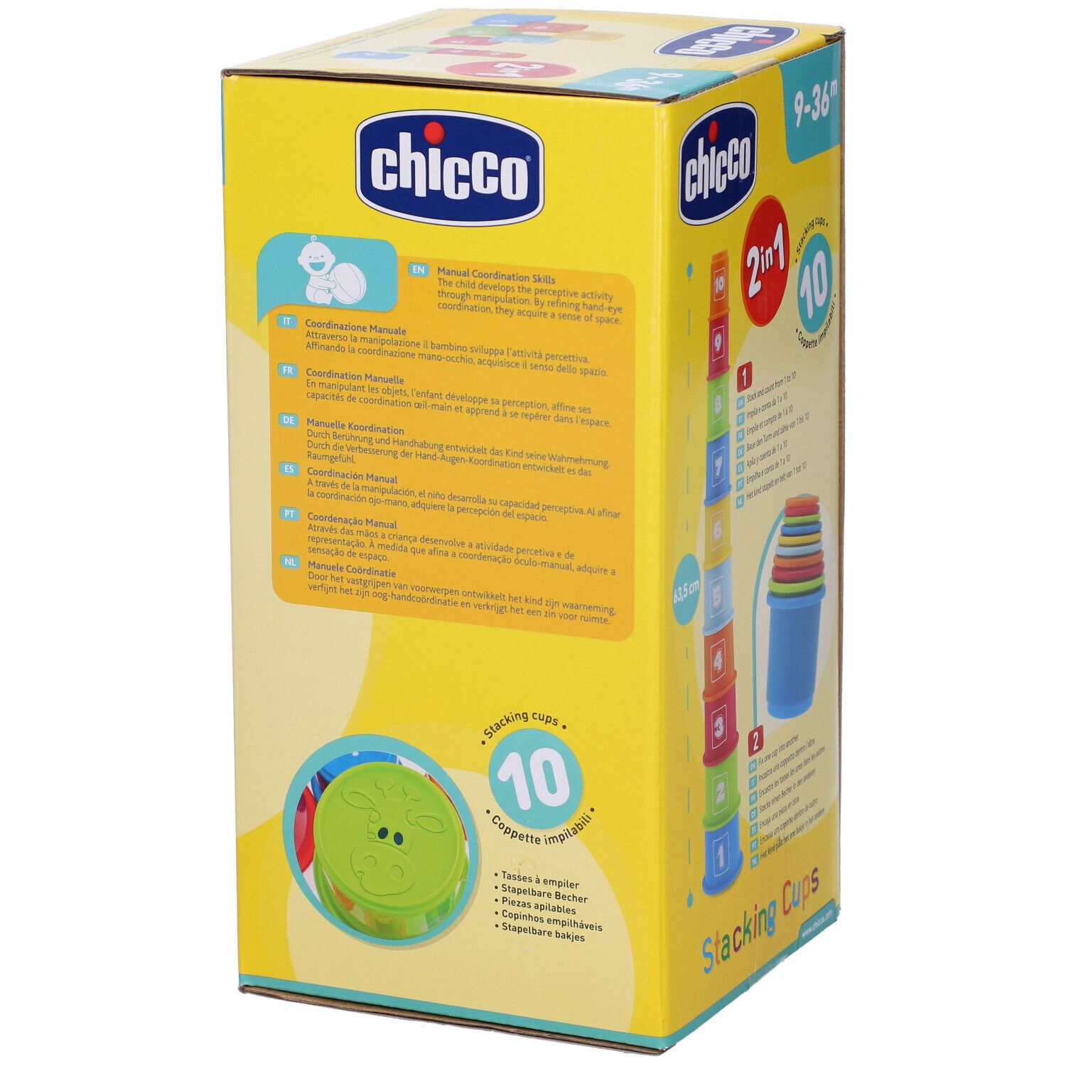 Confezione Chicco. Set tazze impilabili con 10 tazze. Per bambini 9-36 mesi. Funzione 2 in 1. Altezza 63,5 cm.