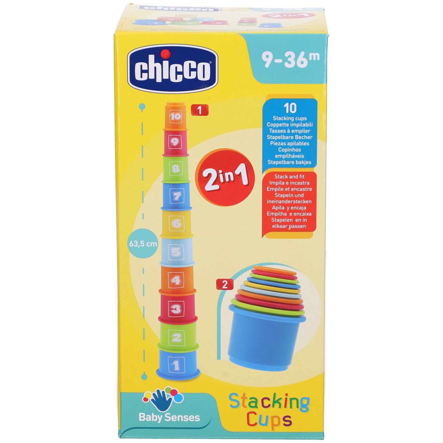 Confezione Chicco. Set tazze impilabili con 10 tazze. Per bambini 9-36 mesi. Funzione 2 in 1. Altezza 63,5 cm.