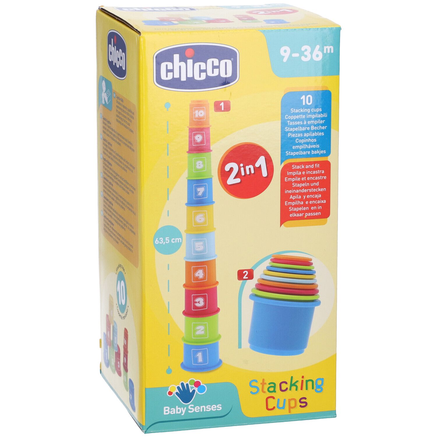 Confezione Chicco. Set tazze impilabili con 10 tazze. Per bambini 9-36 mesi. Funzione 2 in 1. Altezza 63,5 cm.