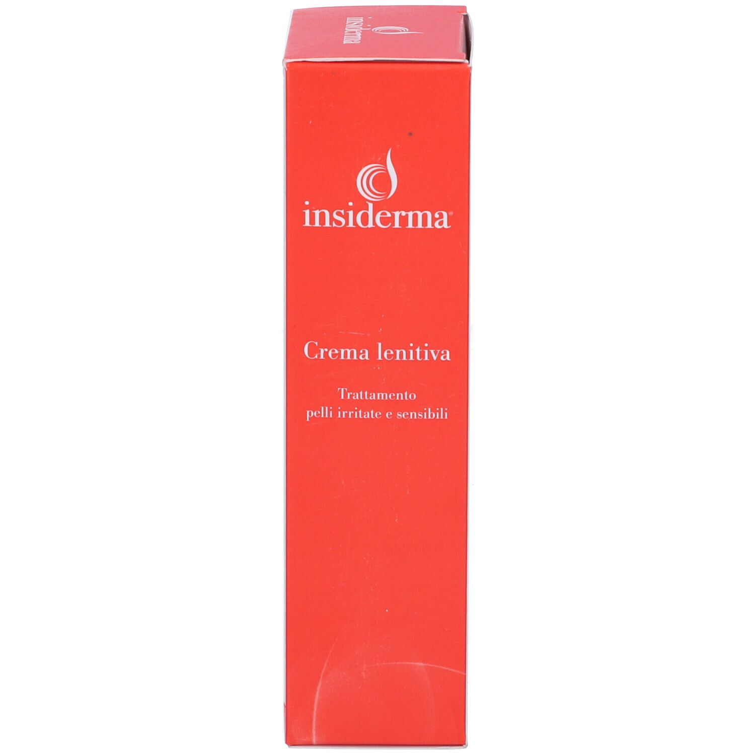 Confezione del prodotto rossa, vista laterale. Contiene 'insiderma' e 'Crema lenitiva'.
