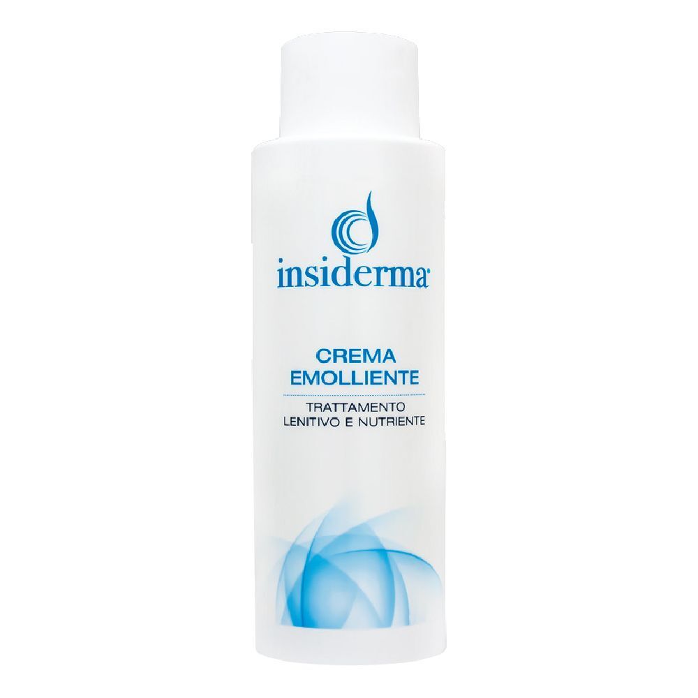 Flacone bianco con logo blu 'insiderma'. Scritta: 'CREMA EMOLLIENTE'.