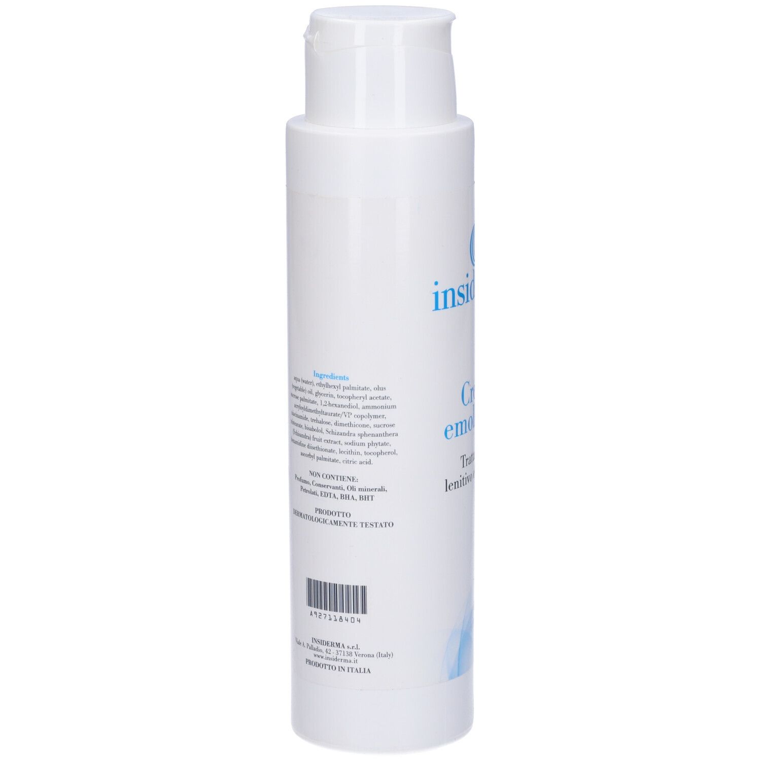Retro flacone bianco con testo e codice a barre. Testo: 'CREMA EMOLLIENTE'.