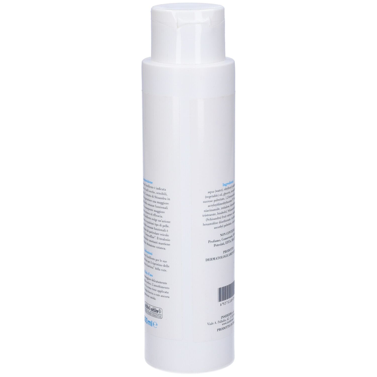 Retro flacone bianco con testo e codice a barre. Testo: 'CREMA EMOLLIENTE'.