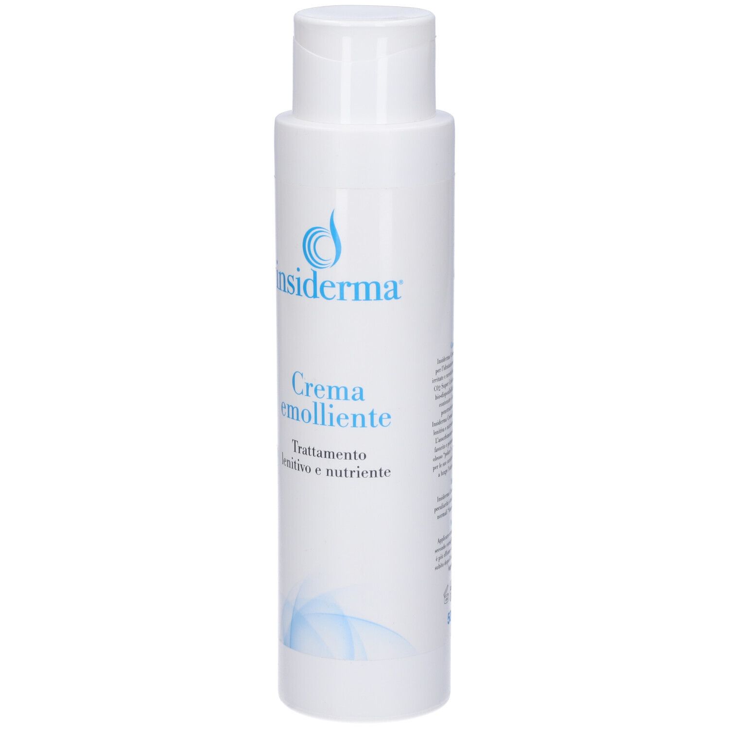 Flacone bianco con logo blu 'insiderma'. Scritta: 'CREMA EMOLLIENTE'.