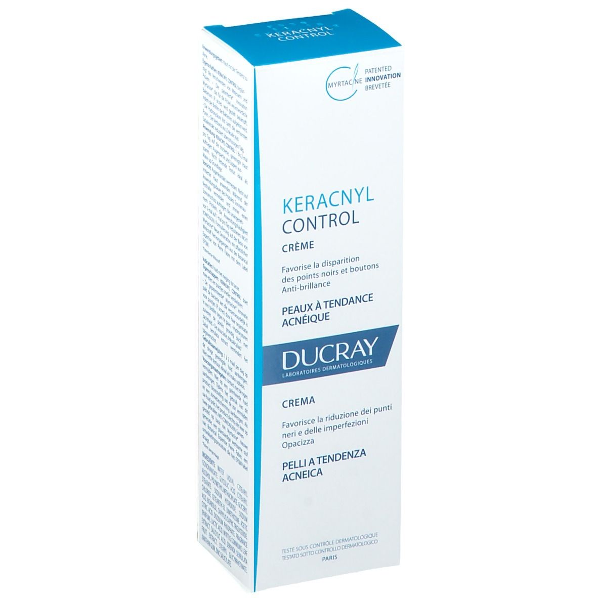 Emballage de la crème Ducray Keracnyl Control. Blanc, bleu. Texte: Keracnyl Control, Crème, Ducray, Peaux à tendance acnéique. Breveté.
