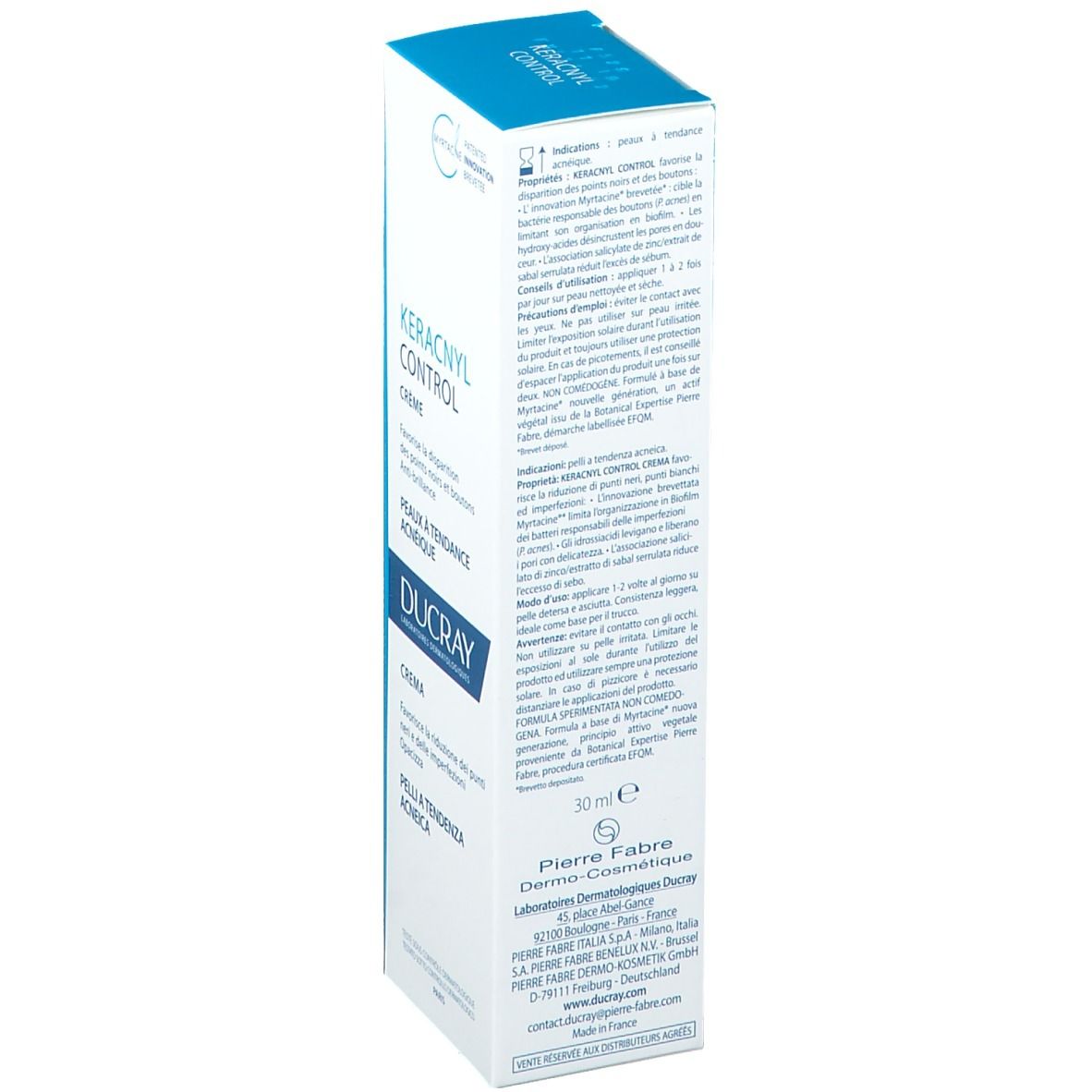 Emballage de la crème Ducray Keracnyl Control. Dos. Texte, ingrédients, utilisation. 30 ml. Pierre Fabre.