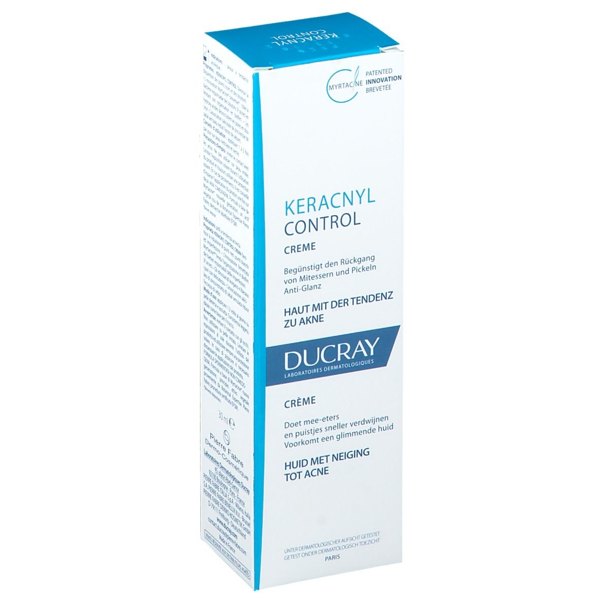 Emballage de la crème Ducray Keracnyl Control. Côté. Texte, utilisation, ingrédients. 30 ml. Pierre Fabre.
