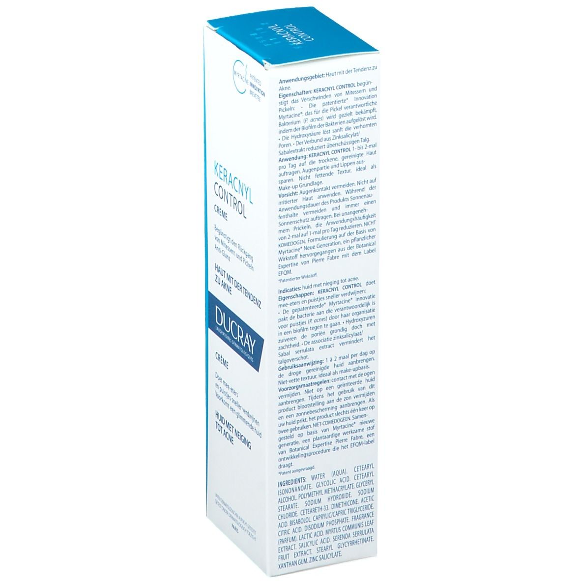 Emballage de la crème Ducray Keracnyl Control. Côté. Texte: Keracnyl Control, Crème, Ducray, Peaux à tendance acnéique. Breveté.