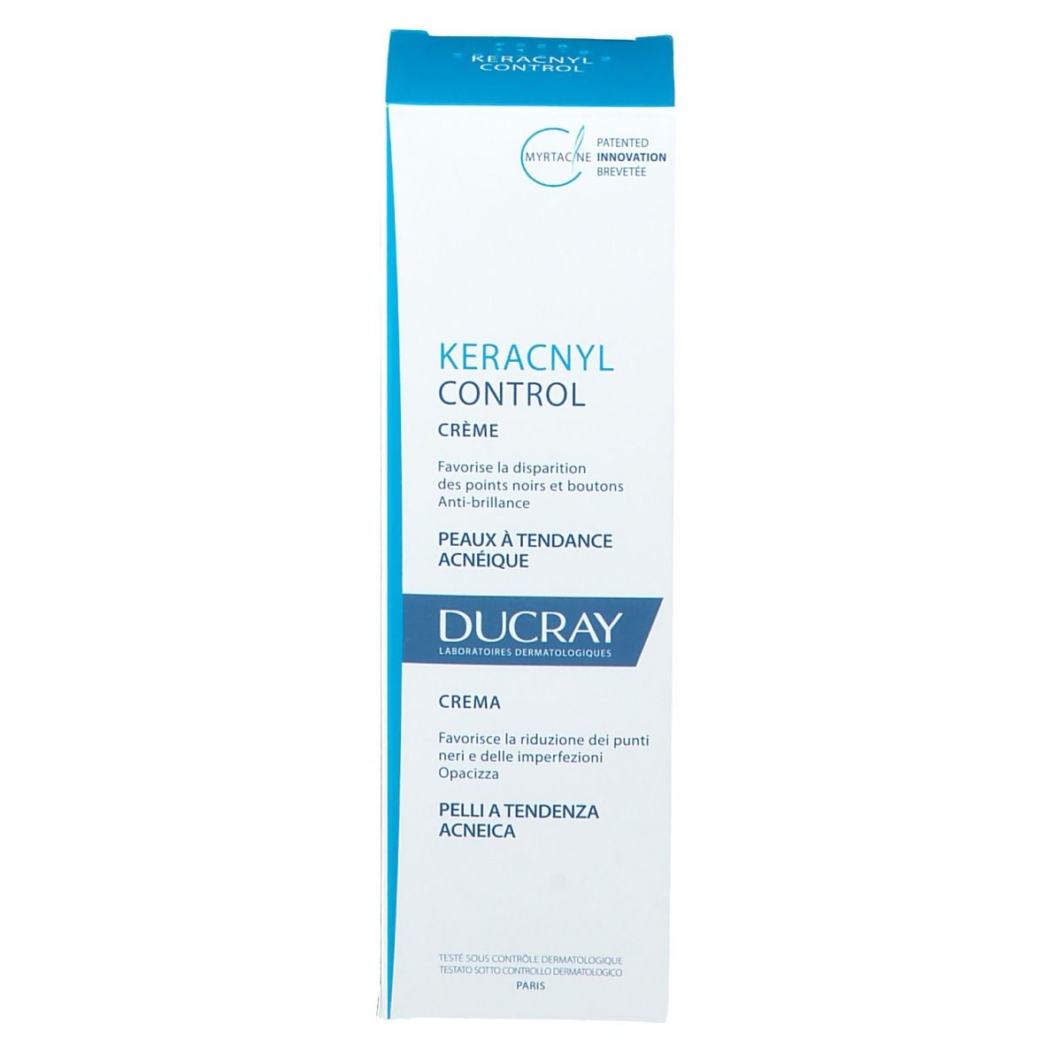 Emballage de la crème Ducray Keracnyl Control. Côté. Texte: Keracnyl Control, Crème, Ducray, Peaux à tendance acnéique. Breveté.