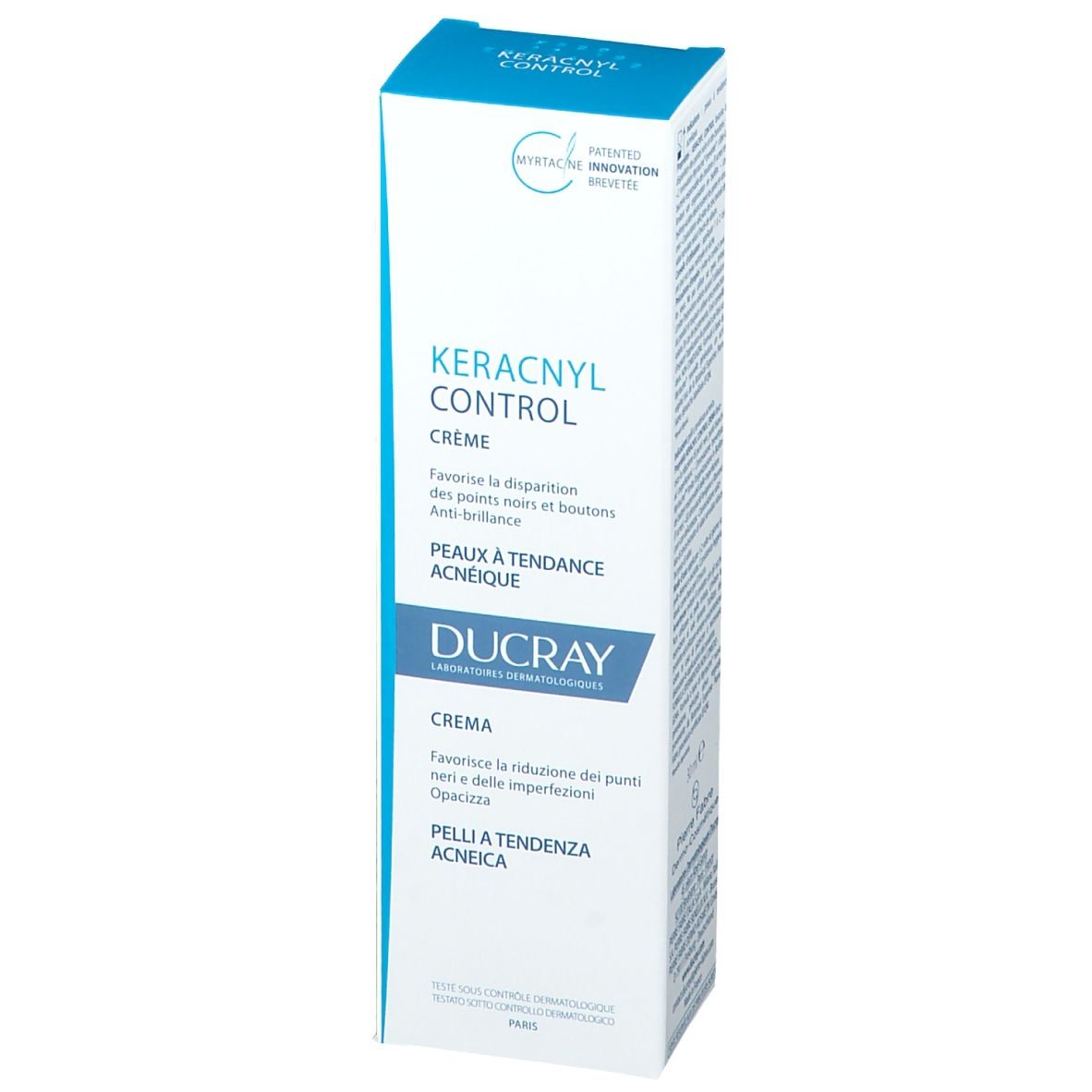 Emballage de la crème Ducray Keracnyl Control. Côté. Texte: Keracnyl Control, Crème, Ducray, Peaux à tendance acnéique. Breveté.