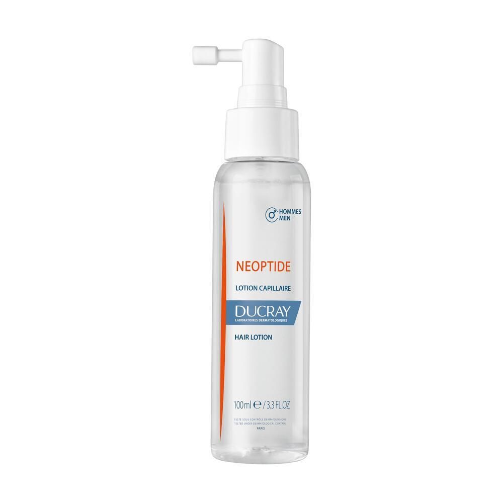 Flacone trasparente con erogatore spray. Scritte: Neoptide, Ducray, Hair Lotion. 100ml.