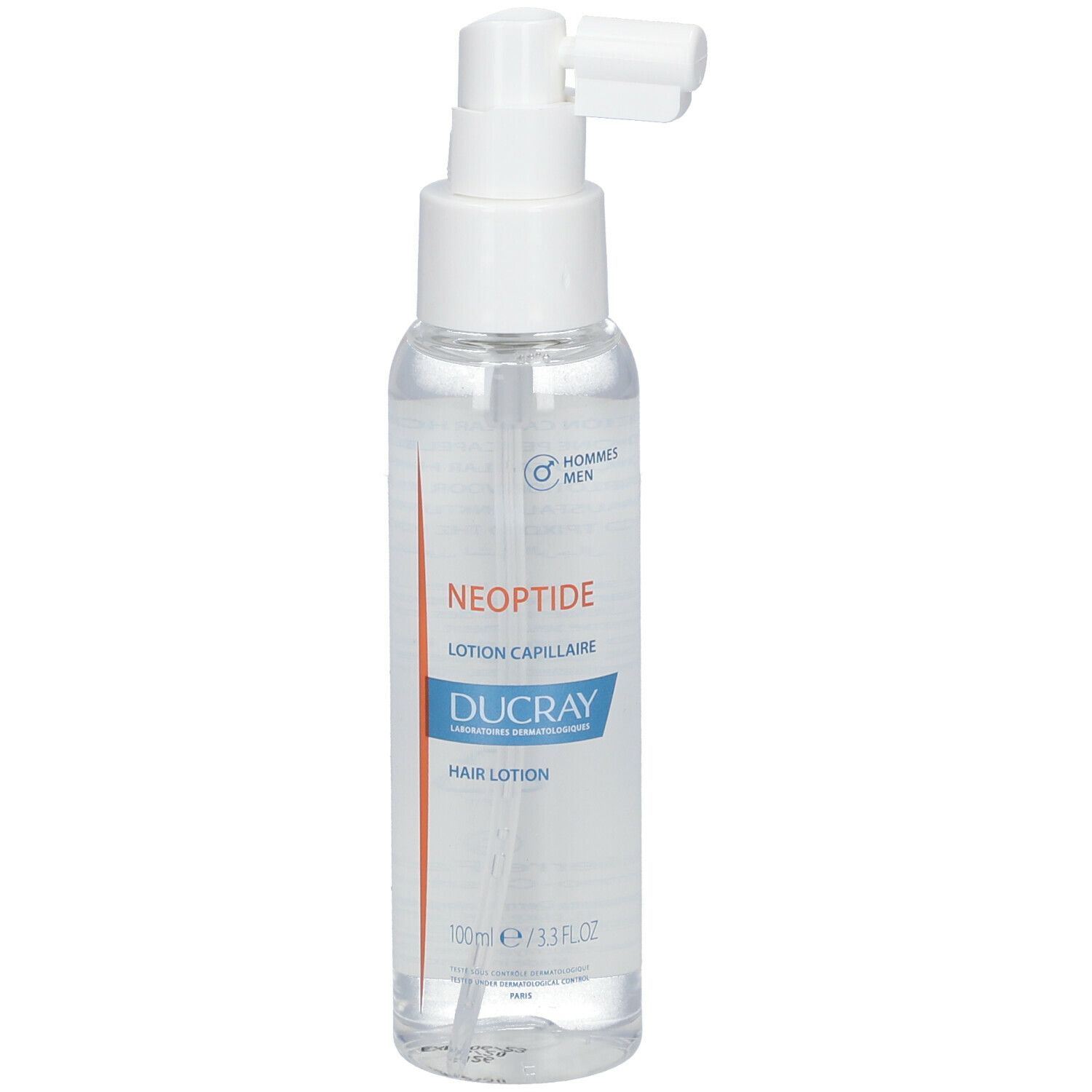Flacone trasparente con erogatore spray. Scritte: Neoptide, Ducray, Hair Lotion. 100ml.