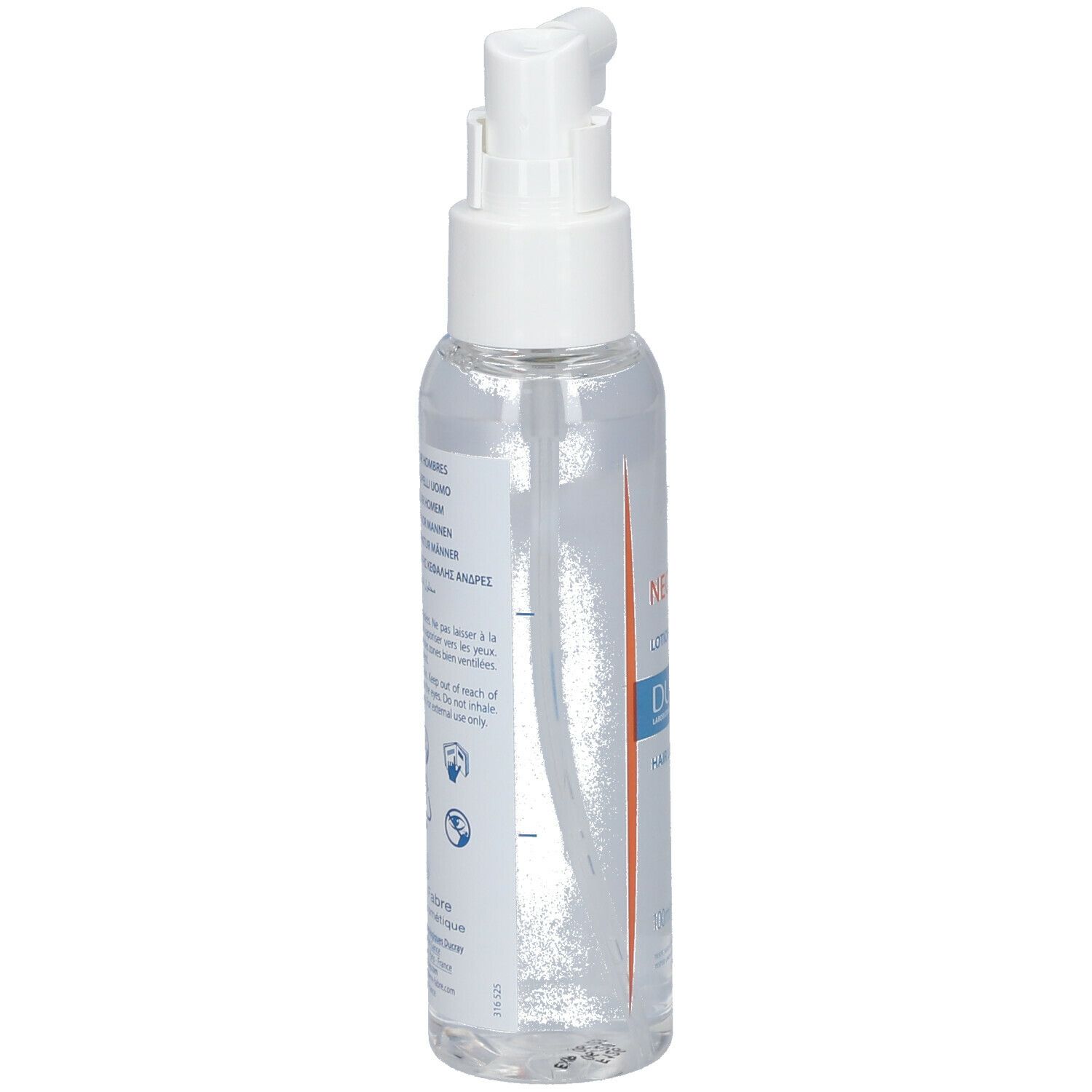 Lato di un flacone trasparente con erogatore spray. Testo multilingue. Logo Ducray.