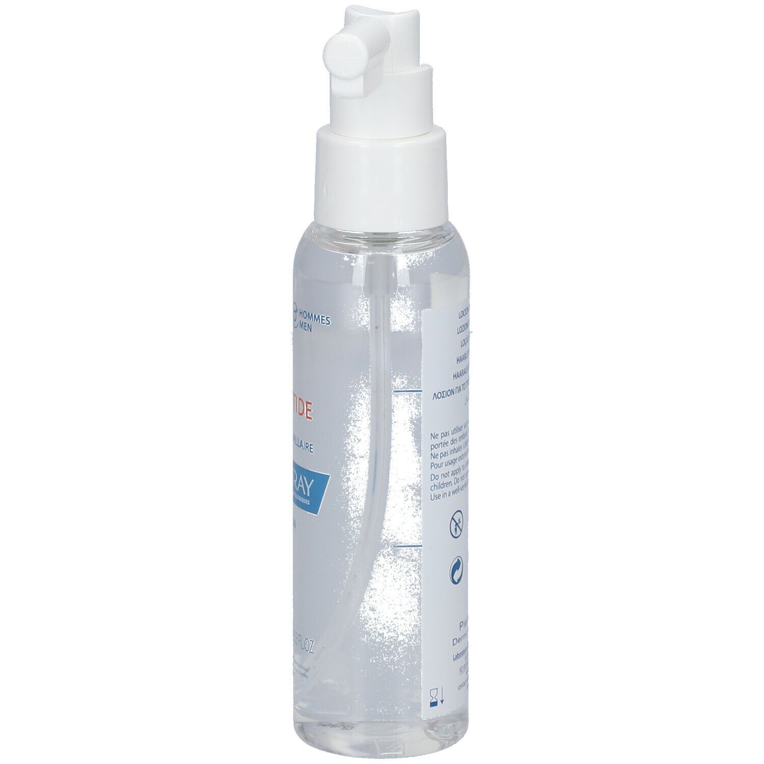 Lato di un flacone trasparente con erogatore spray. Testo multilingue. Logo Ducray.