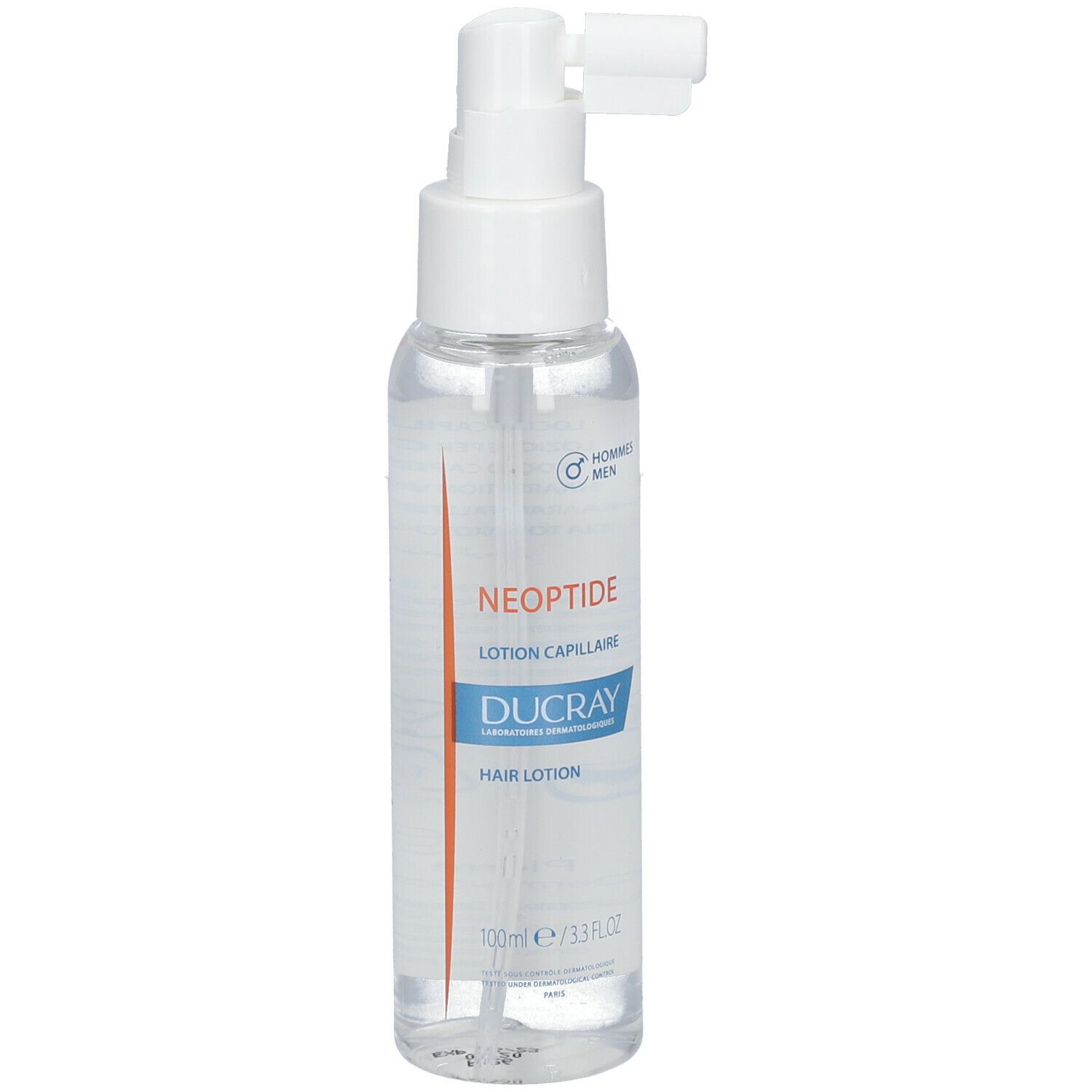 Flacone trasparente con erogatore spray. Scritte: Neoptide, Ducray, Hair Lotion. 100ml.