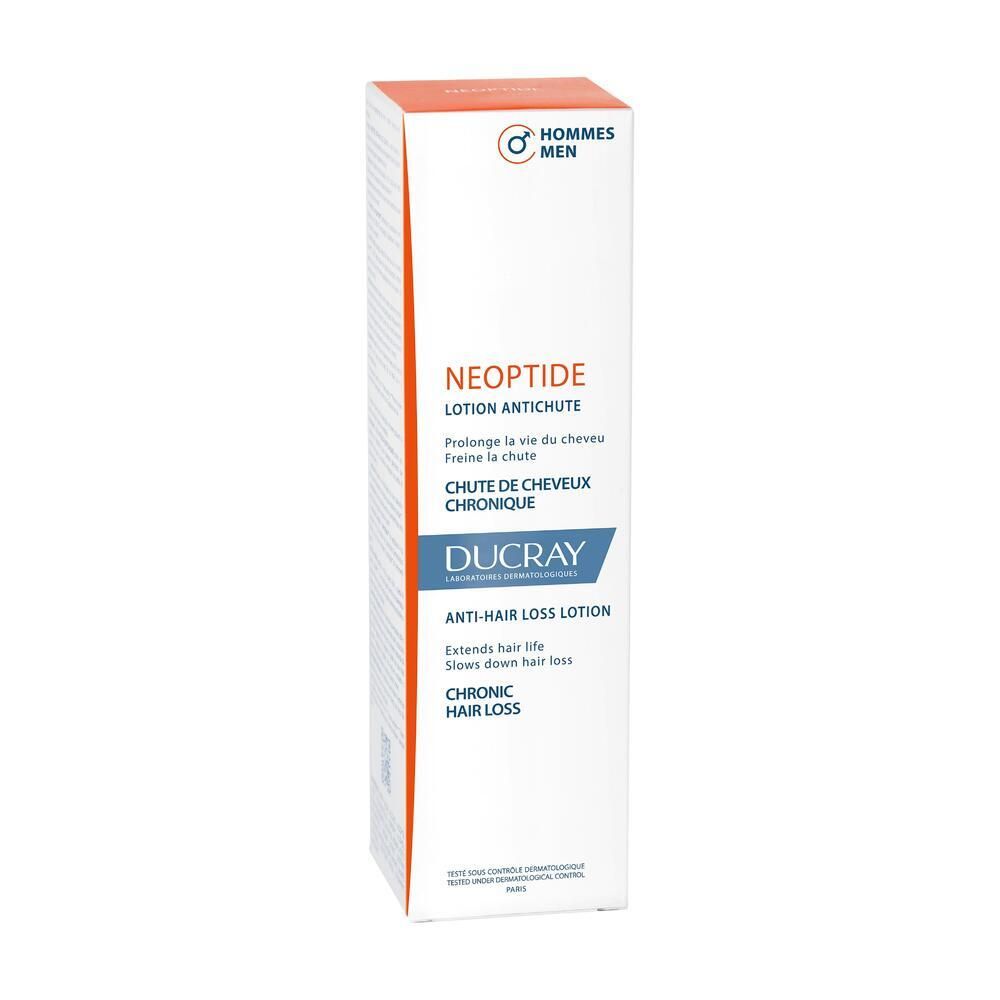 Scatola con scritte: Neoptide, Lotion Antichute, Ducray. Arancione e bianco. Simbolo maschile.