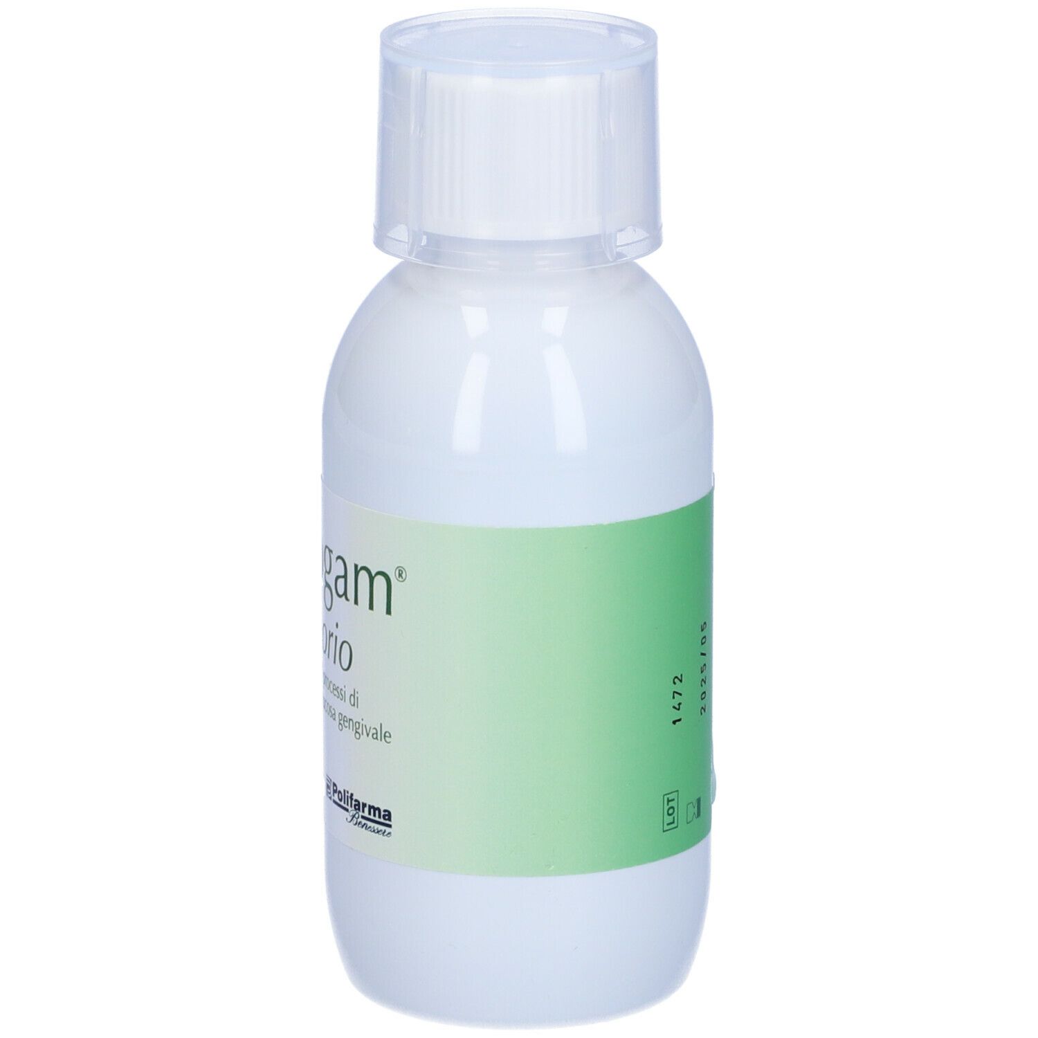 Flacone bianco con etichetta verde. Scritta: aminogam collutorio. Marchio: Polifarma. Flacone con tappo a vite. Dati sull'etichetta.