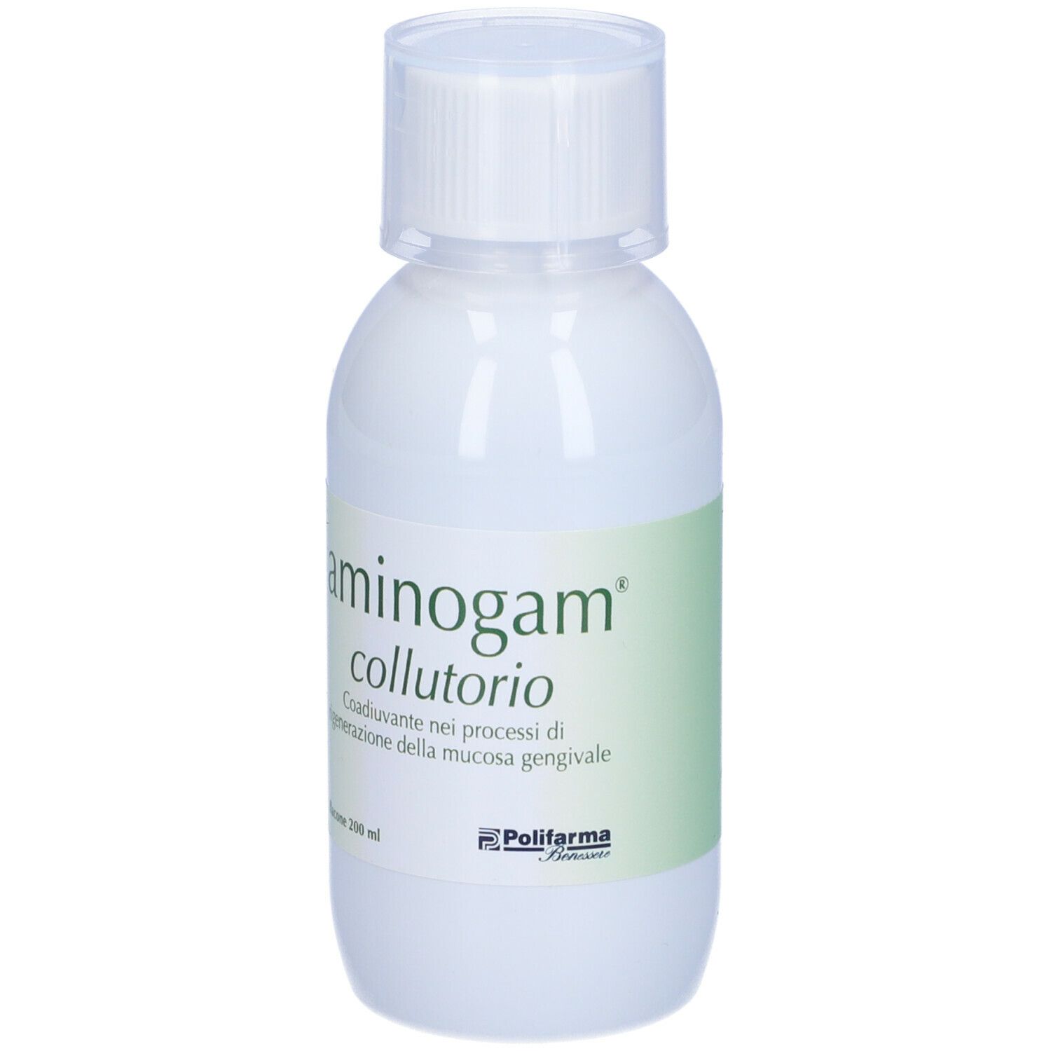 Flacone bianco con etichetta verde. Scritta: aminogam collutorio. Marchio: Polifarma. Flacone con tappo a vite.