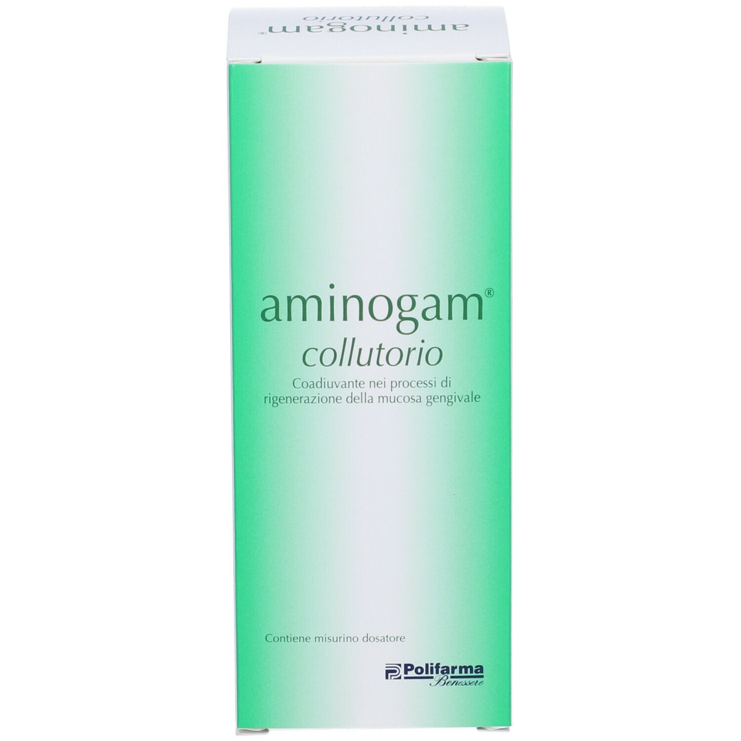 Confezione verde del prodotto. Scritta: aminogam collutorio. Marchio: Polifarma. Testo e logo.