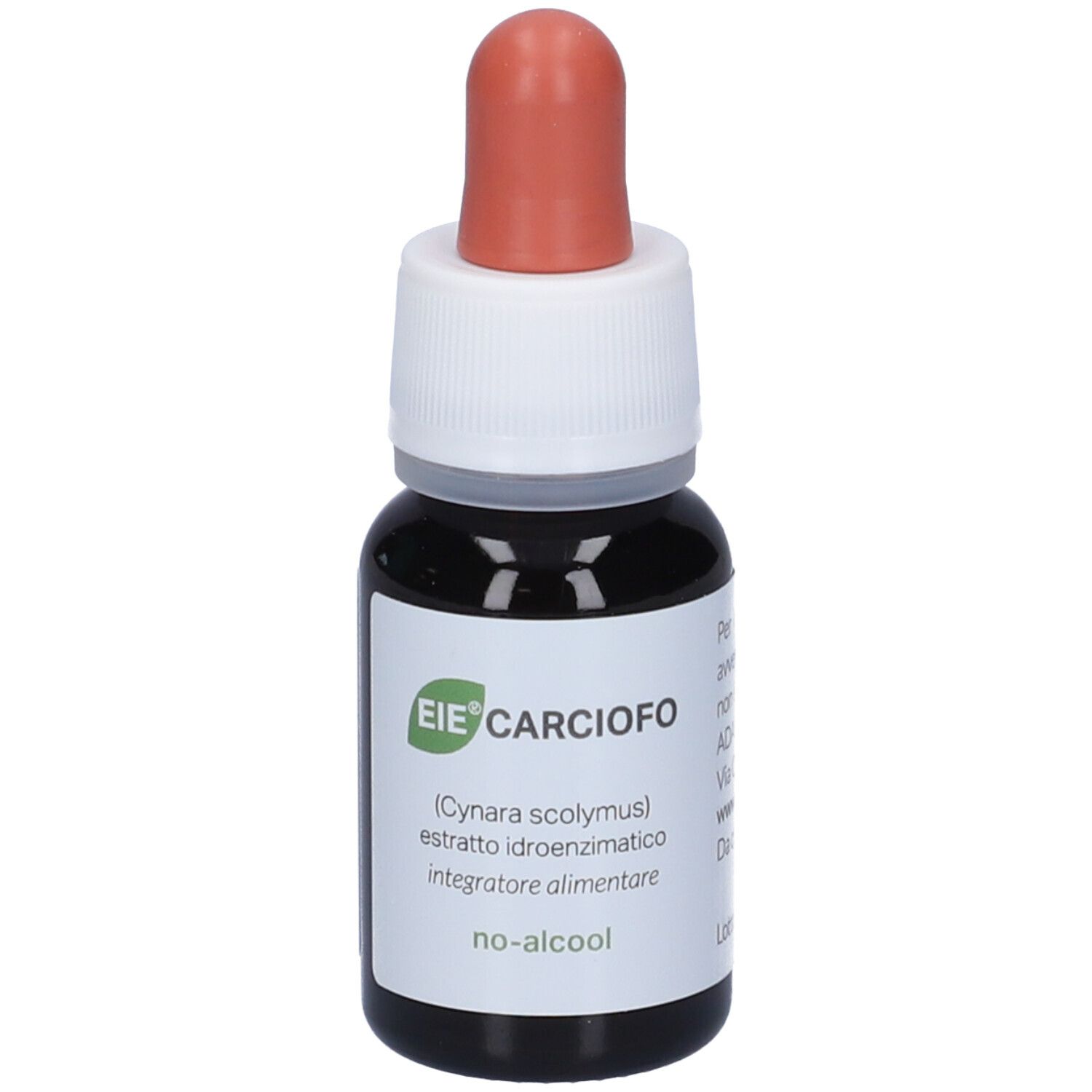 Flacone contagocce marrone con pipetta rossa. Scritta: EIE Carciofo, estratto di carciofo.