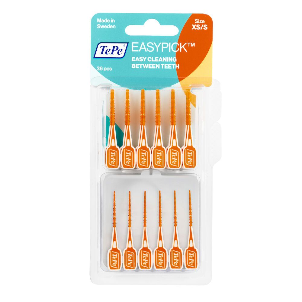 Confezione da 36 scovolini interdentali TePe Easypick XS/S arancioni. 12 spazzolini visibili in un blister trasparente.