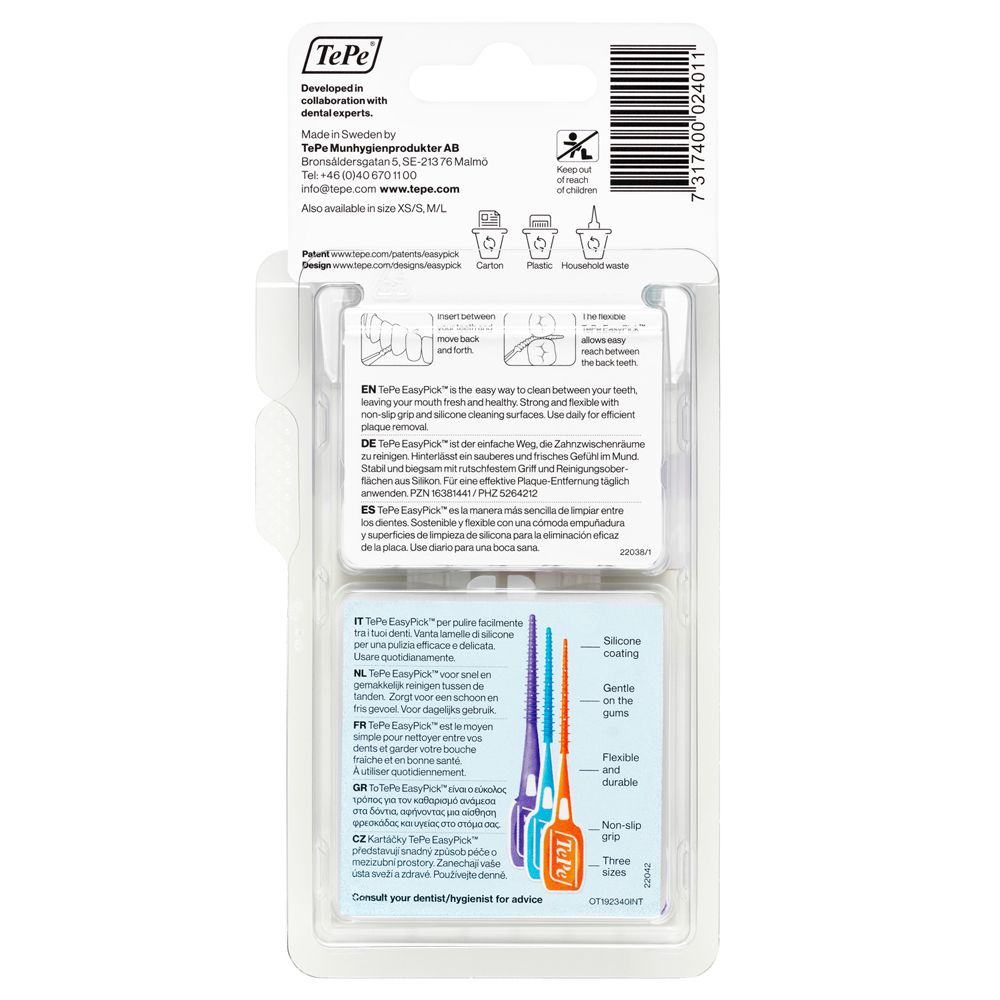 Rückseite der TePe EasyPick M/L Verpackung. Enthält Produktinformationen, Anweisungen und Illustrationen.