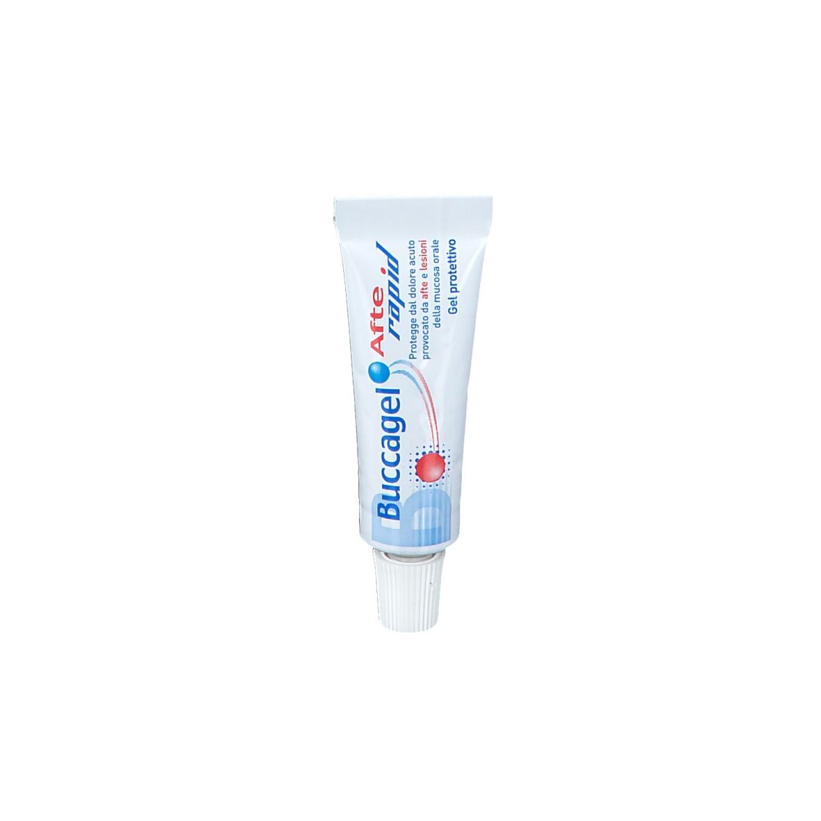 Tubo con tappo bianco. Scritta Buccagel Afte rapid, Gel protettivo.