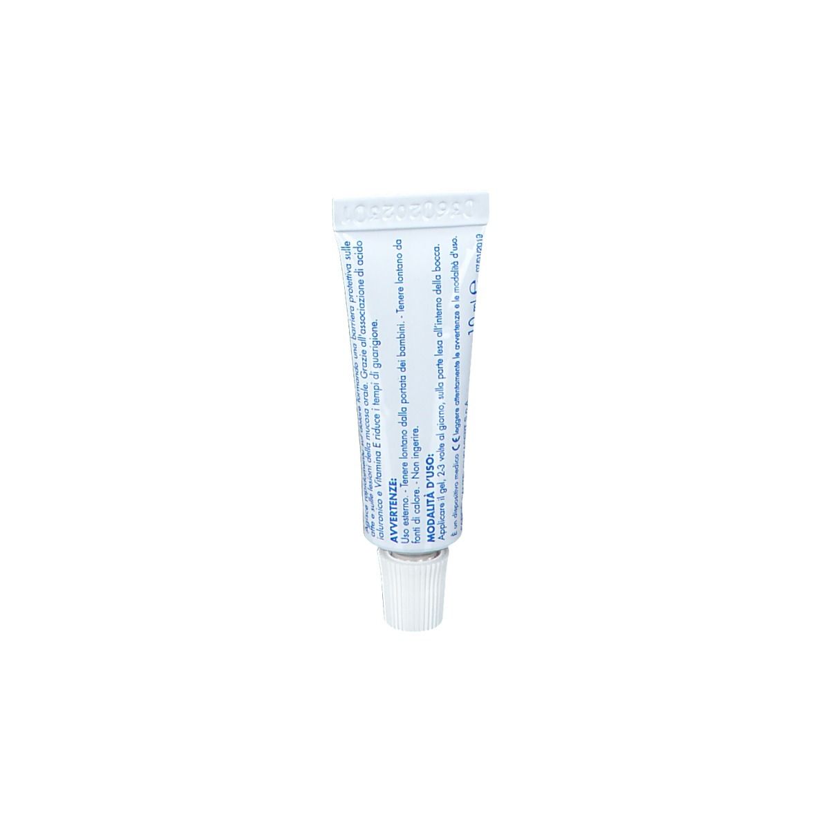 Retro di un tubo con testo. Tubo bianco con tappo bianco.