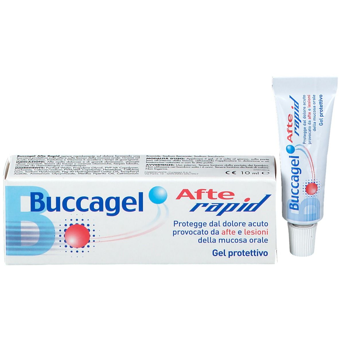 Scatola e tubo. Scritta Buccagel Afte rapid. Gel protettivo. 10 ml.