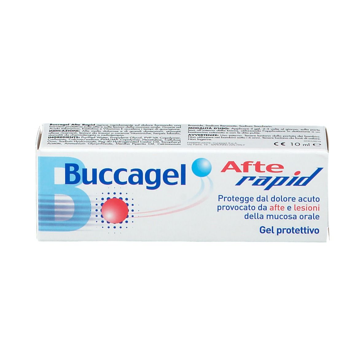 Scatola con scritta Buccagel Afte rapid. Gel protettivo. 10 ml.